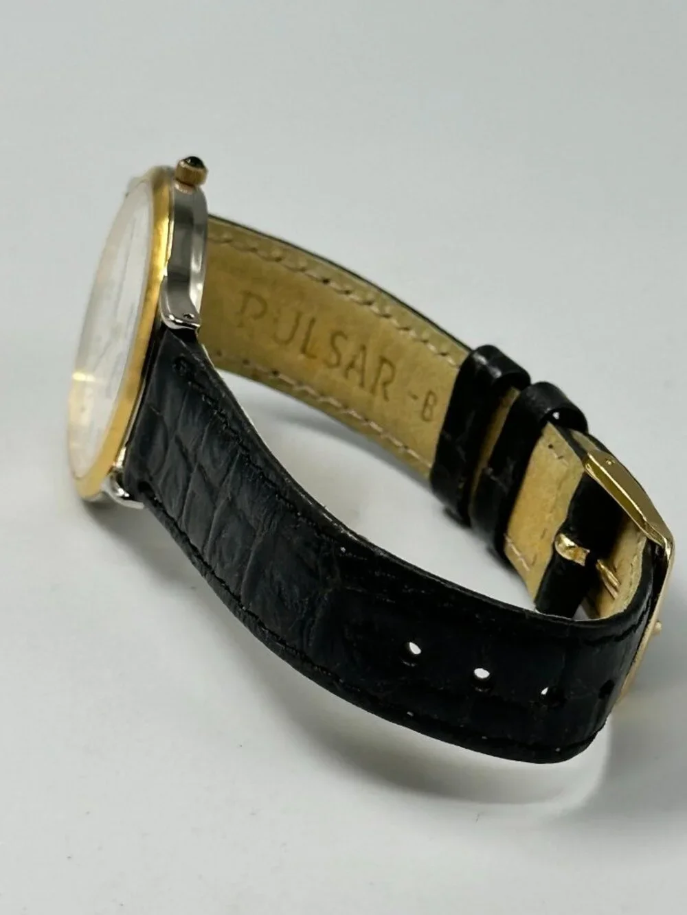 Vintage Pulsar Watch Men Gold Tone Ore Ida Logo Black Leather Band